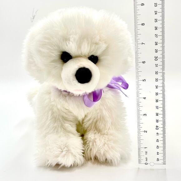 Aurora World White Fluffy Dog Plush Sitting Freckles Pink Tongue Purple Ribbon - Picture 4 of 10